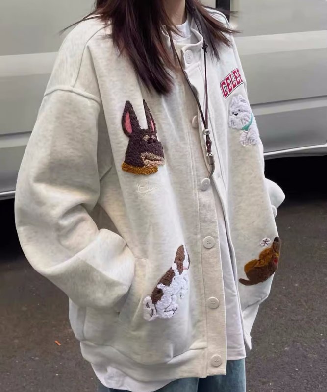 画像5: Dog appliqué embroidered sweat jacket Stadium jacket blouson ユニセックス 男女兼用 ドッグアップリケ刺繍スウェットジャケット スタジアムジャケットカーディガン (5)