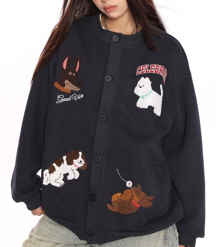 画像4: Dog appliqué embroidered sweat jacket Stadium jacket blouson ユニセックス 男女兼用 ドッグアップリケ刺繍スウェットジャケット スタジアムジャケットカーディガン (4)