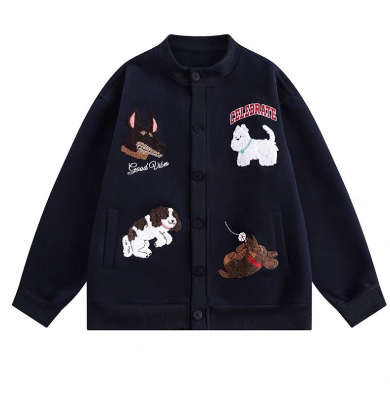 画像1: Dog appliqué embroidered sweat jacket Stadium jacket blouson ユニセックス 男女兼用 ドッグアップリケ刺繍スウェットジャケット スタジアムジャケットカーディガン (1)