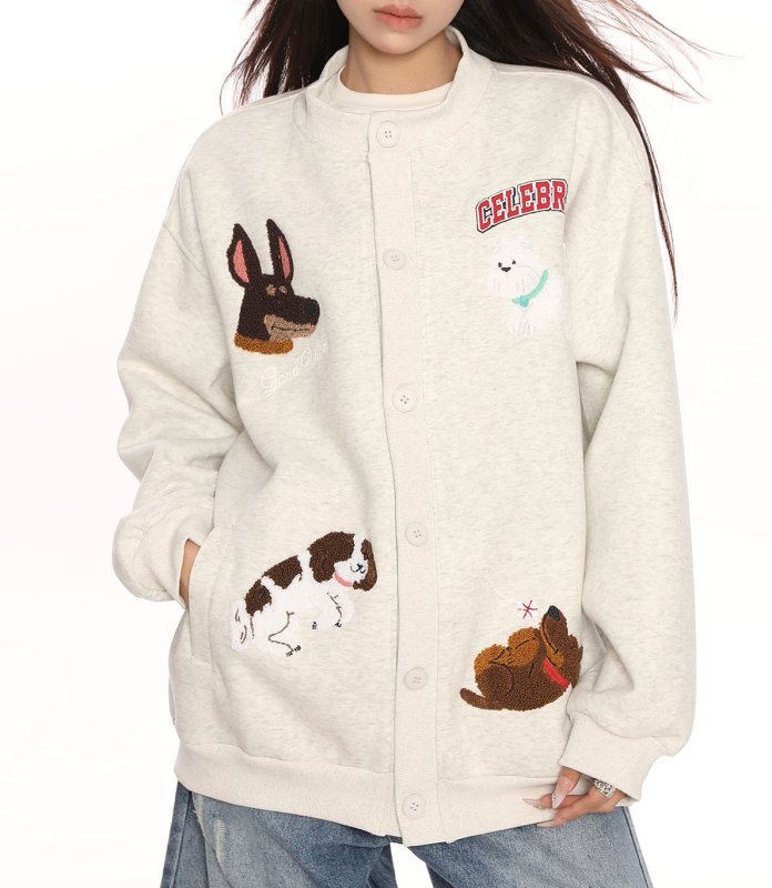 画像3: Dog appliqué embroidered sweat jacket Stadium jacket blouson ユニセックス 男女兼用 ドッグアップリケ刺繍スウェットジャケット スタジアムジャケットカーディガン (3)