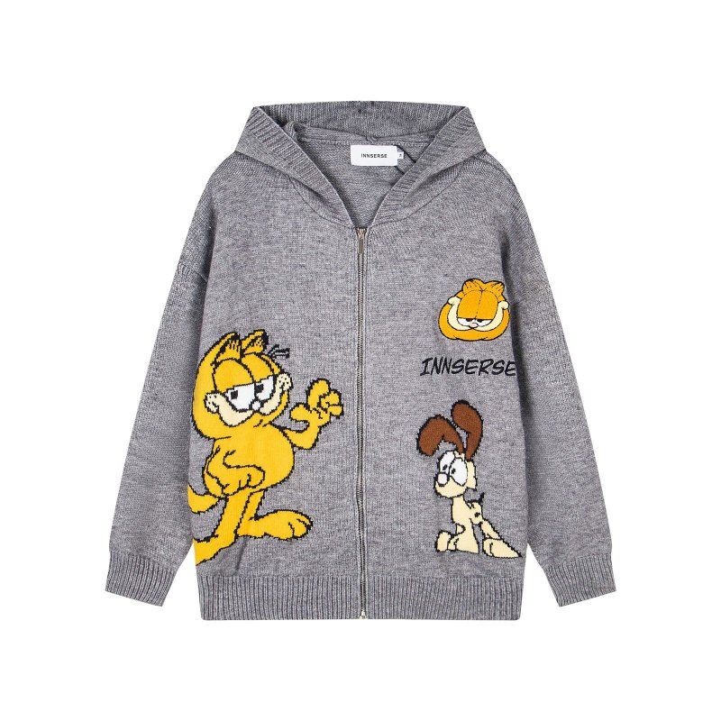 画像2: Unisex Garfield knitted zip-up hoodie sweater cardigan   男女兼用ガーフィールド編み込みジップアップフーディカーディガンセーターニット (2)