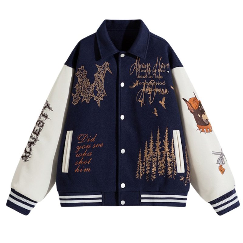 画像2: Heavy Letter & Dog Embroidery Stadium Jacket baseball uniform jacket blouson ユニセックス 男女兼用ヘビーレター＆ドッグ 刺繍エンブレムスタジャン スタジアムジャンパー  ジャケットブルゾン (2)