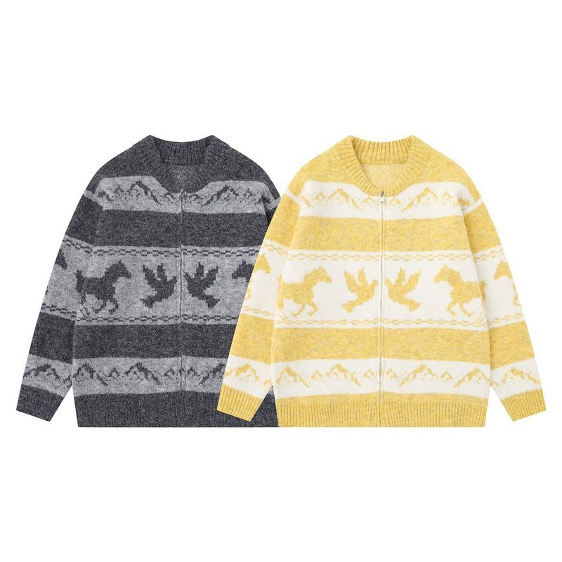 画像5: Unisex Animal Jacquard Zip-Up Knit Cardigan sweater  男女兼用ホース＆バード編み込みジップアップカーディガンニット (5)