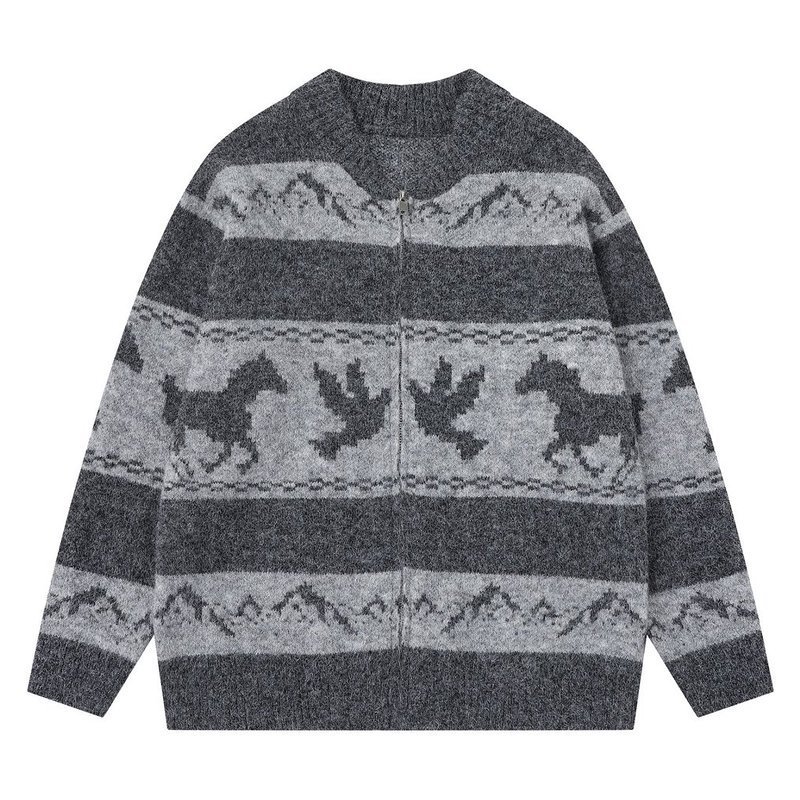画像2: Unisex Animal Jacquard Zip-Up Knit Cardigan sweater  男女兼用ホース＆バード編み込みジップアップカーディガンニット (2)