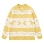 画像1: Unisex Animal Jacquard Zip-Up Knit Cardigan sweater  男女兼用ホース＆バード編み込みジップアップカーディガンニット (1)