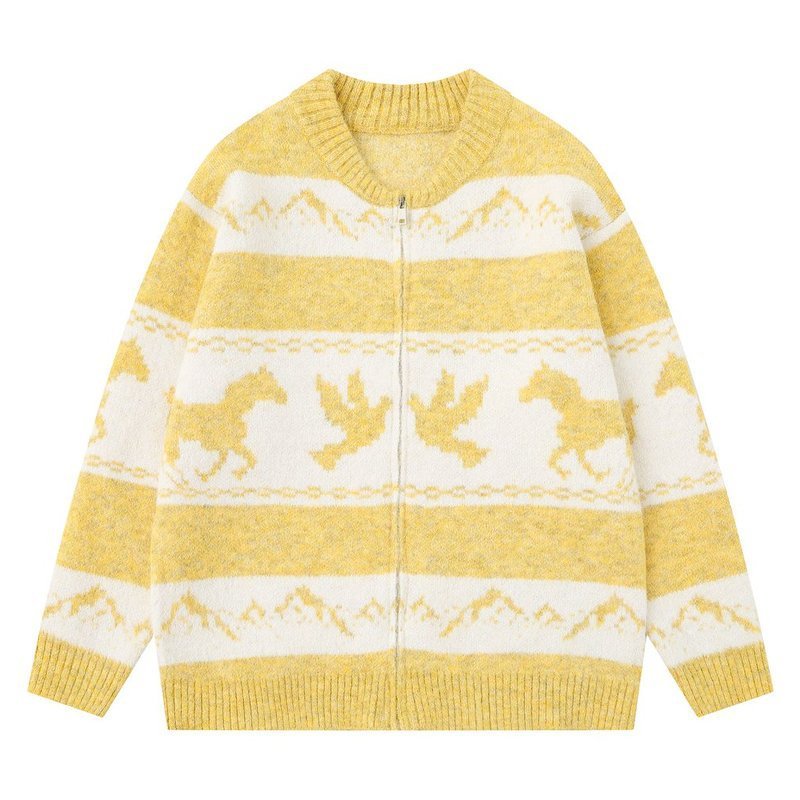 画像1: Unisex Animal Jacquard Zip-Up Knit Cardigan sweater  男女兼用ホース＆バード編み込みジップアップカーディガンニット (1)