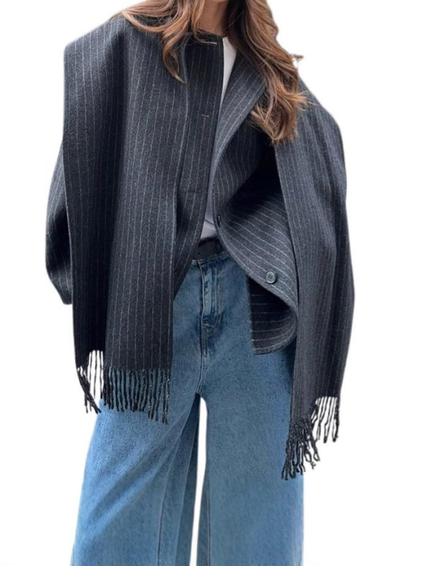 画像4: Striped muffler half coat jacket ストライプマフラーハーフ ジャケットコート (4)