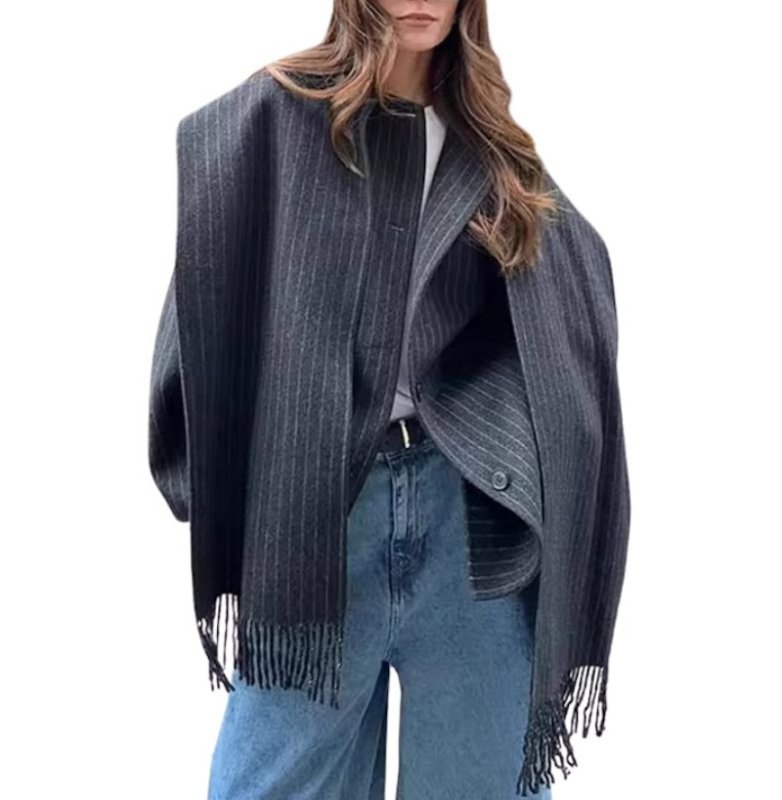 画像1: Striped muffler half coat jacket ストライプマフラーハーフ ジャケットコート (1)