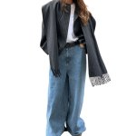 画像2: Striped muffler half coat jacket ストライプマフラーハーフ ジャケットコート (2)