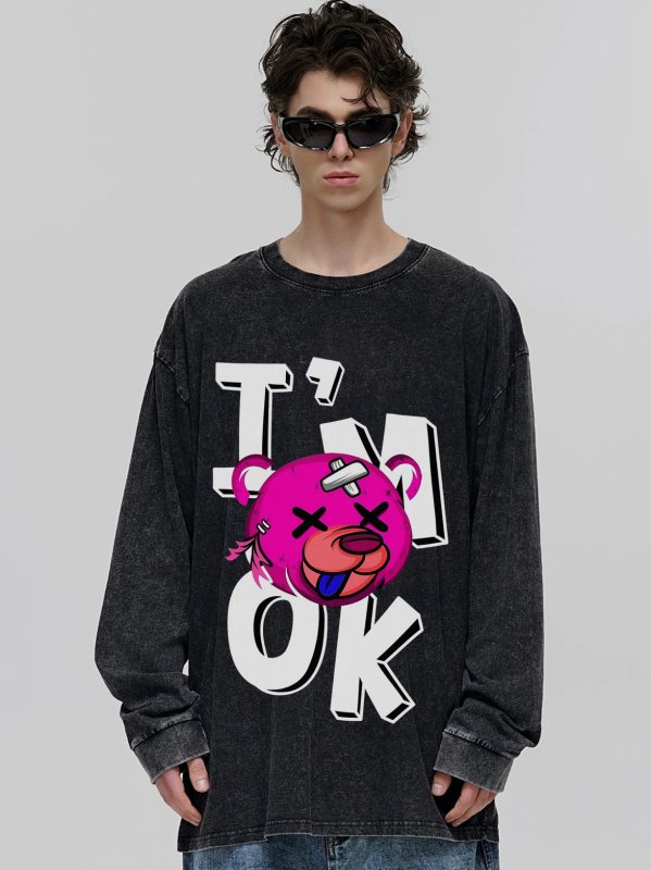 画像8: unisex Washed old letter bear print long-sleeved T-shirt   ユニセックスウォッシュオールドレターベアプリントヴィンテージスタイル 長袖ラウンドネック Tシャツ  バンドT (8)