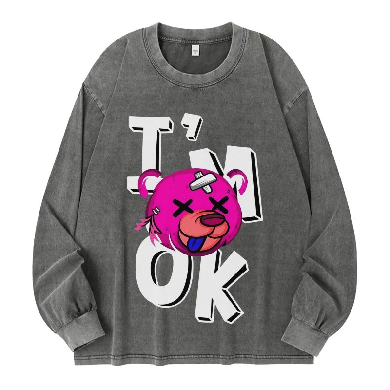 画像1: unisex Washed old letter bear print long-sleeved T-shirt   ユニセックスウォッシュオールドレターベアプリントヴィンテージスタイル 長袖ラウンドネック Tシャツ  バンドT (1)