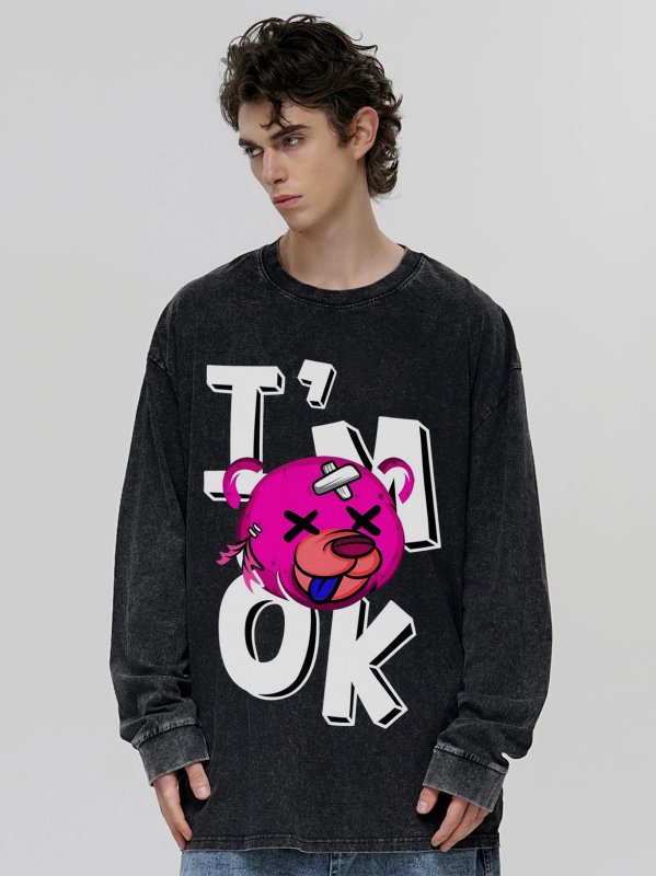 画像7: unisex Washed old letter bear print long-sleeved T-shirt   ユニセックスウォッシュオールドレターベアプリントヴィンテージスタイル 長袖ラウンドネック Tシャツ  バンドT (7)