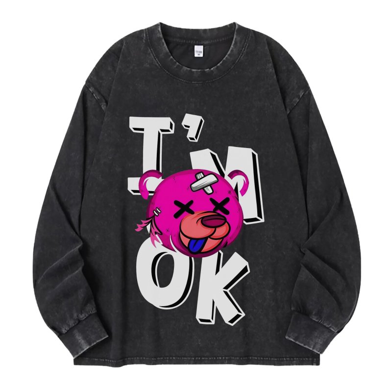 画像2: unisex Washed old letter bear print long-sleeved T-shirt   ユニセックスウォッシュオールドレターベアプリントヴィンテージスタイル 長袖ラウンドネック Tシャツ  バンドT (2)