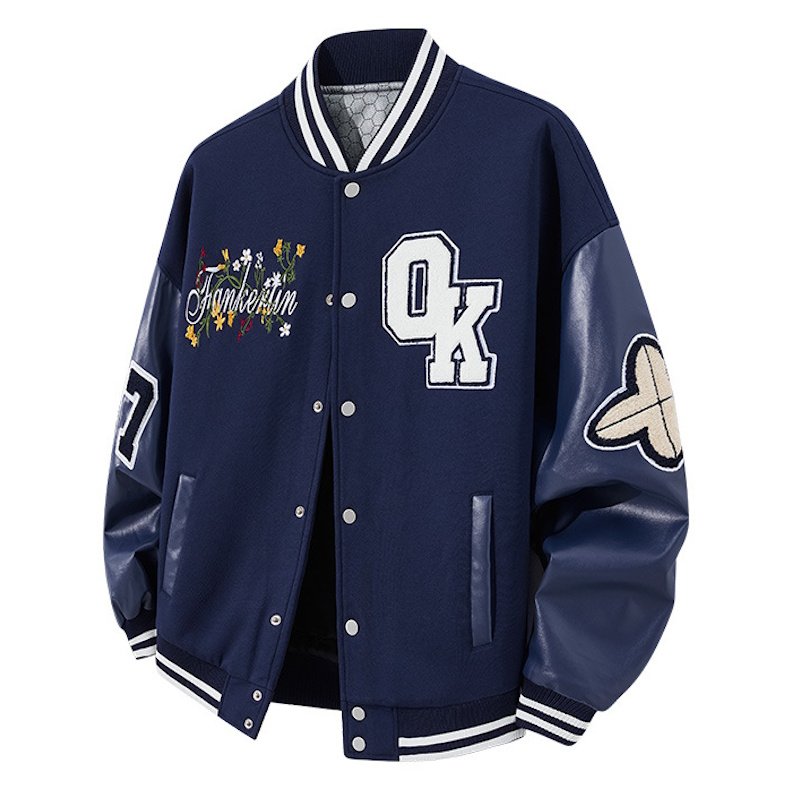 画像1: OK & Flower Embroidery jacket Jumper stadium jacket ユニセックス 男女兼用 刺繍OK&フラワー スタジャン ジャケット MA1 ブルゾン  (1)