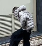 画像8: White duck down hooded puffer jacket with frill and puff sleeves coat  ホワイトダッグフリルフーディパフスリーブダウンジャケットコート (8)