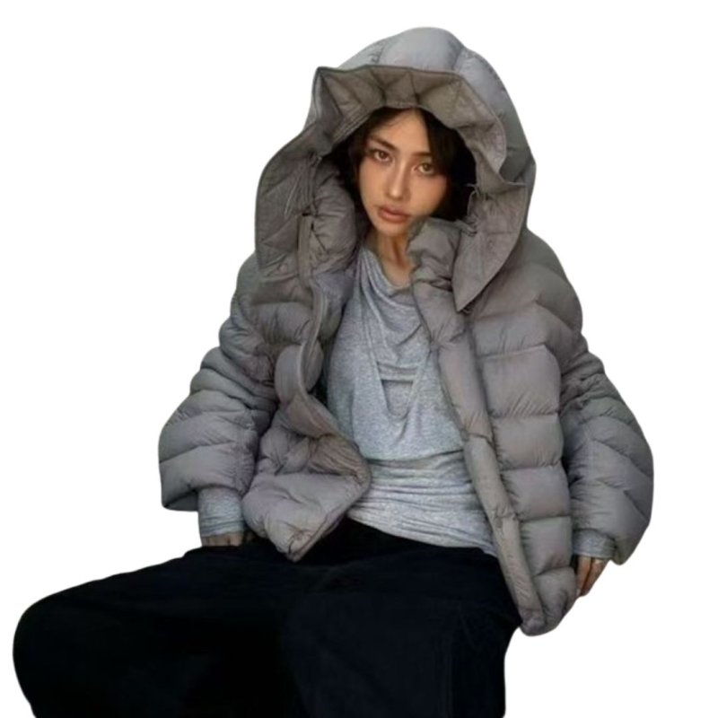 画像1: White duck down hooded puffer jacket with frill and puff sleeves coat  ホワイトダッグフリルフーディパフスリーブダウンジャケットコート (1)