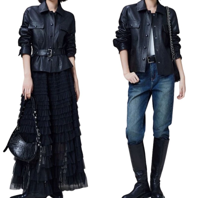 画像1: Waist belt leather jacket coat ウエストベルトレザージャケットコート (1)