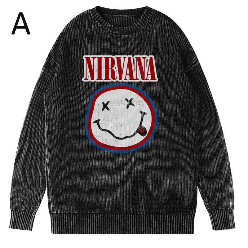 画像2: Unisex Nirvana Wash Retro Crew Neck Cotton Blend Sweater  ニルヴァーナバンドフォト&グラフィックヴィンテージスタイルプリント セーターニットトレーナー ユニセックス 男女兼用  (2)