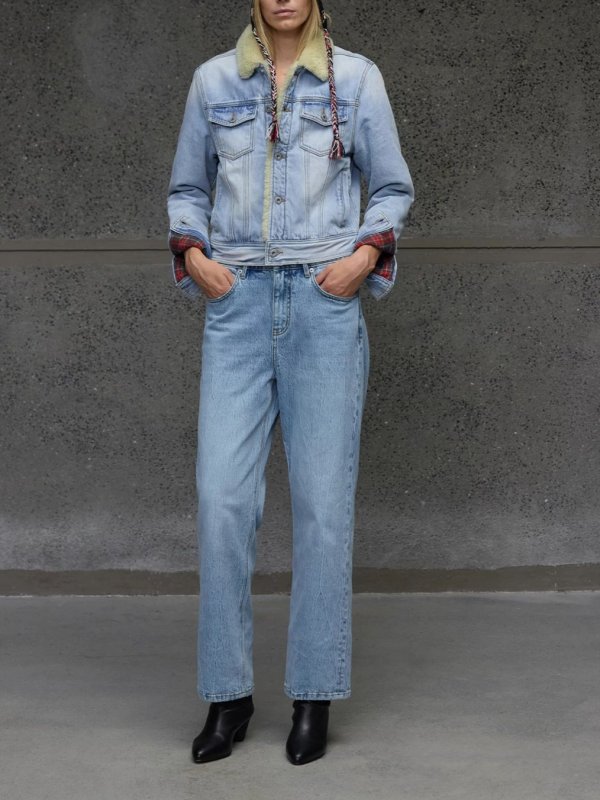 画像5: Lambswool collar and quilted lining check pattern Denim G-jacket ラムス襟&裏キルティングチェック柄 デニムGジャンジャケットコート (5)