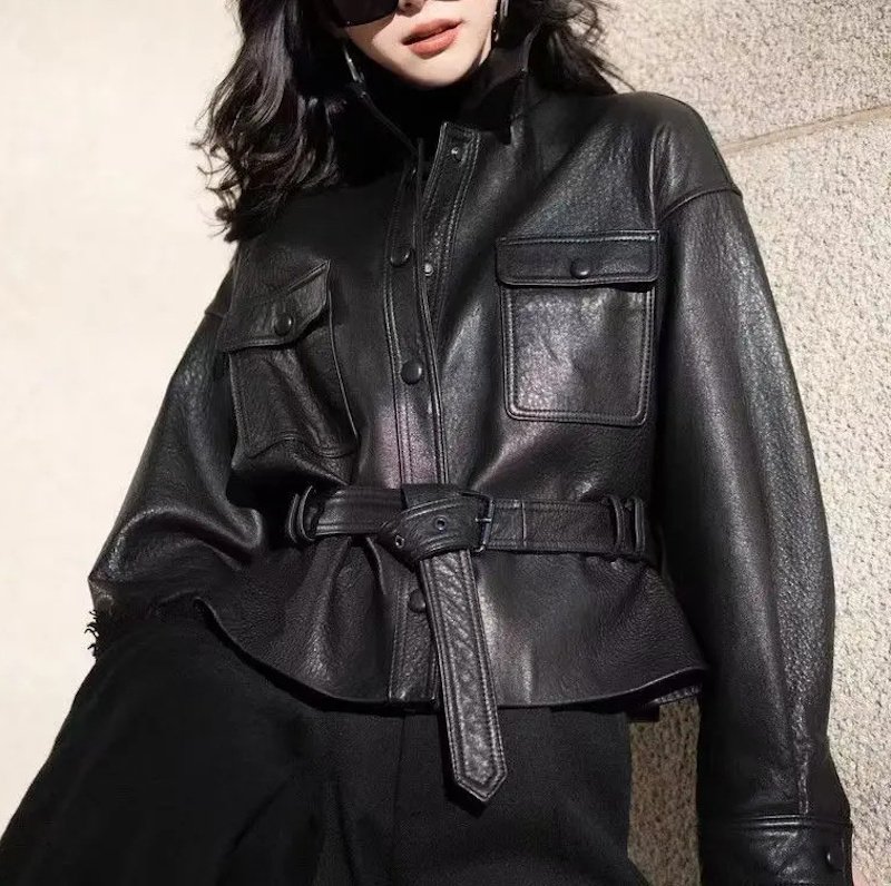画像2: Waist belt leather jacket coat ウエストベルトレザージャケットコート (2)