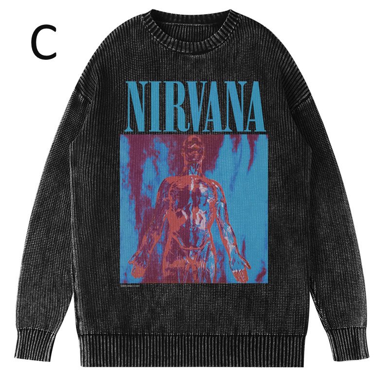 画像4: Unisex Nirvana Wash Retro Crew Neck Cotton Blend Sweater  ニルヴァーナバンドフォト&グラフィックヴィンテージスタイルプリント セーターニットトレーナー ユニセックス 男女兼用  (4)