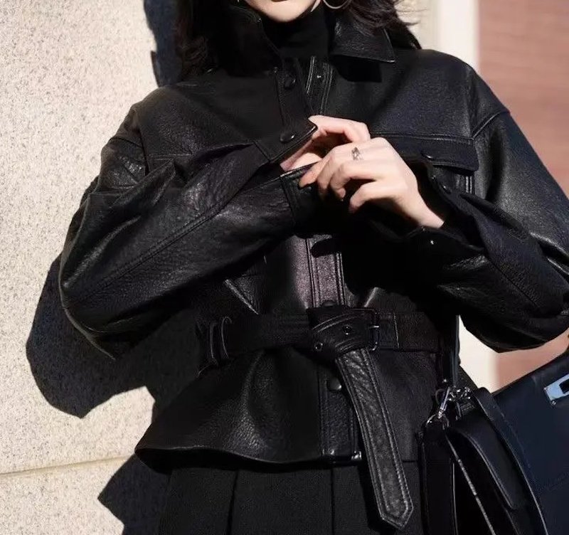 画像3: Waist belt leather jacket coat ウエストベルトレザージャケットコート (3)