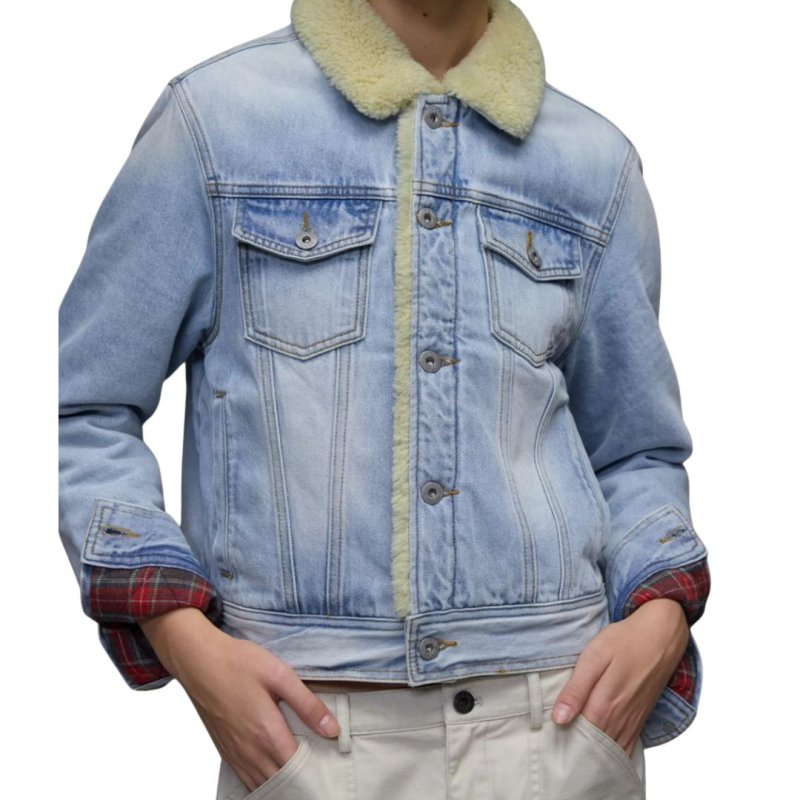 画像1: Lambswool collar and quilted lining check pattern Denim G-jacket ラムス襟&裏キルティングチェック柄 デニムGジャンジャケットコート (1)