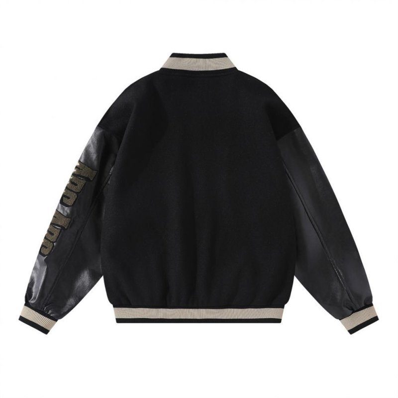 画像5:  baseball Patchwork PU Leather Sleeve Stand Collar Jacketuniform jacket blouson ユニセックス男女兼用 パッチワーク刺繍レザー袖スタジアムジャンパー スタジャン ジャケットブルゾン (5)