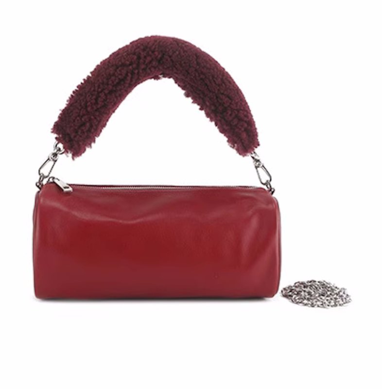 画像2: Lambskin fur handle cylindrical tote shoulder cross-body bag  ラムスキンファーハンドル筒型トートショルダークロスボデーバッグ (2)