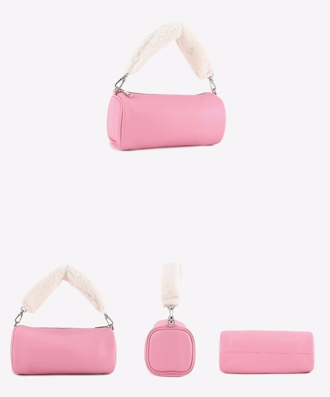 画像8: Lambskin fur handle cylindrical tote shoulder cross-body bag  ラムスキンファーハンドル筒型トートショルダークロスボデーバッグ (8)