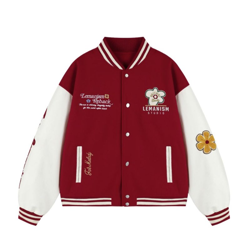 画像2: letter & flower embroidery baseball jackets baseball uniform jacket blouson ユニセックス男女兼用 レター & フラワー刺繍 スタジアムジャンパー スタジャン ジャケットブルゾン (2)
