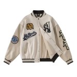 画像8:  baseball Patchwork PU Leather Sleeve Stand Collar Jacketuniform jacket blouson ユニセックス男女兼用 パッチワーク刺繍レザー袖スタジアムジャンパー スタジャン ジャケットブルゾン (8)