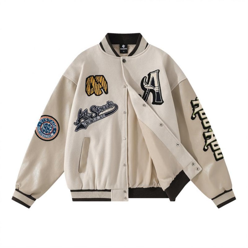 画像8:  baseball Patchwork PU Leather Sleeve Stand Collar Jacketuniform jacket blouson ユニセックス男女兼用 パッチワーク刺繍レザー袖スタジアムジャンパー スタジャン ジャケットブルゾン (8)