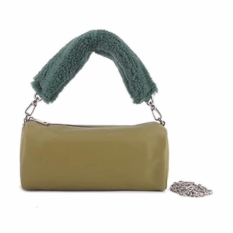 画像3: Lambskin fur handle cylindrical tote shoulder cross-body bag  ラムスキンファーハンドル筒型トートショルダークロスボデーバッグ (3)