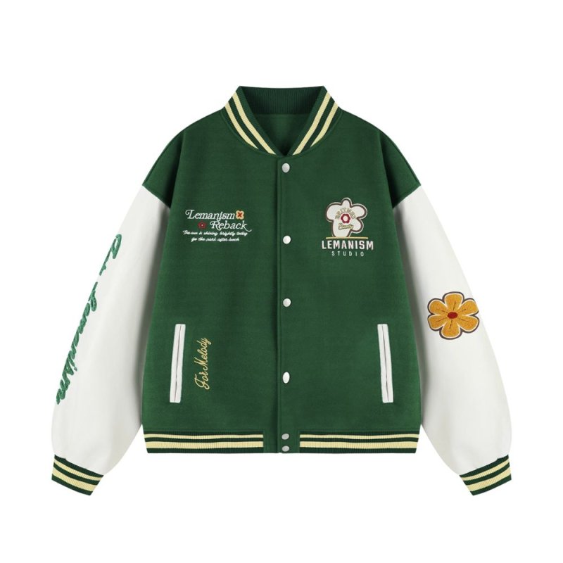 画像1: letter & flower embroidery baseball jackets baseball uniform jacket blouson ユニセックス男女兼用 レター & フラワー刺繍 スタジアムジャンパー スタジャン ジャケットブルゾン (1)