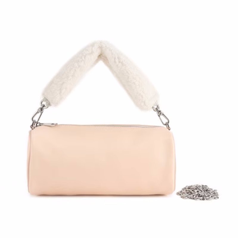 画像4: Lambskin fur handle cylindrical tote shoulder cross-body bag  ラムスキンファーハンドル筒型トートショルダークロスボデーバッグ (4)