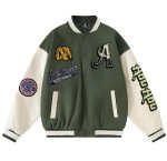 画像1:  baseball Patchwork PU Leather Sleeve Stand Collar Jacketuniform jacket blouson ユニセックス男女兼用 パッチワーク刺繍レザー袖スタジアムジャンパー スタジャン ジャケットブルゾン (1)