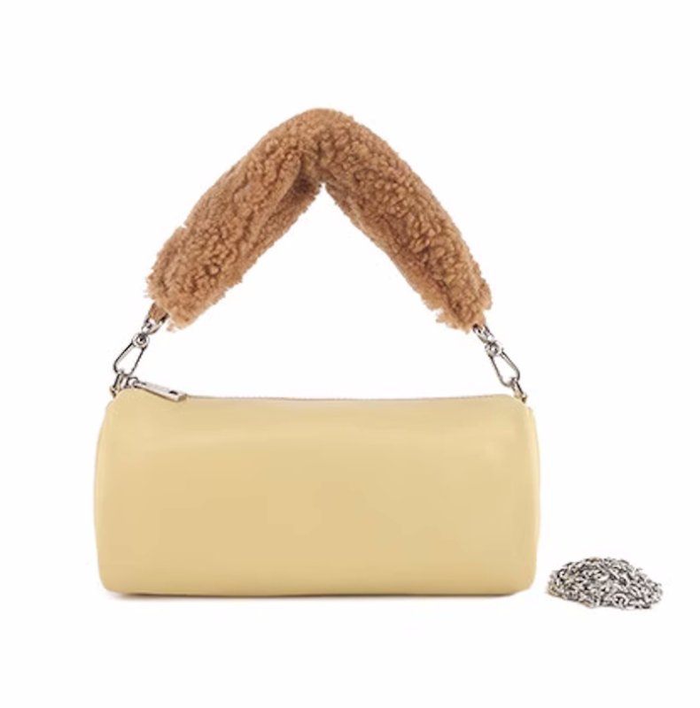 画像5: Lambskin fur handle cylindrical tote shoulder cross-body bag  ラムスキンファーハンドル筒型トートショルダークロスボデーバッグ (5)