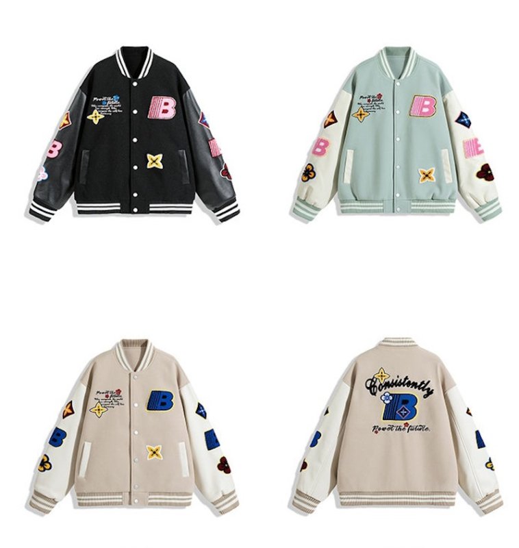 画像6: V37 Color Block Flower Embroidery Leather Sleeve Stadium Jacket jacket blouson ユニセックス男女兼用V37カラーブロックフラワー刺繍レザースリーブスタジアムジャンパー スタジャン ジャケットブルゾン (6)