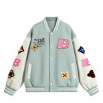 画像3: V37 Color Block Flower Embroidery Leather Sleeve Stadium Jacket jacket blouson ユニセックス男女兼用V37カラーブロックフラワー刺繍レザースリーブスタジアムジャンパー スタジャン ジャケットブルゾン (3)
