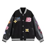 画像2: V37 Color Block Flower Embroidery Leather Sleeve Stadium Jacket jacket blouson ユニセックス男女兼用V37カラーブロックフラワー刺繍レザースリーブスタジアムジャンパー スタジャン ジャケットブルゾン (2)