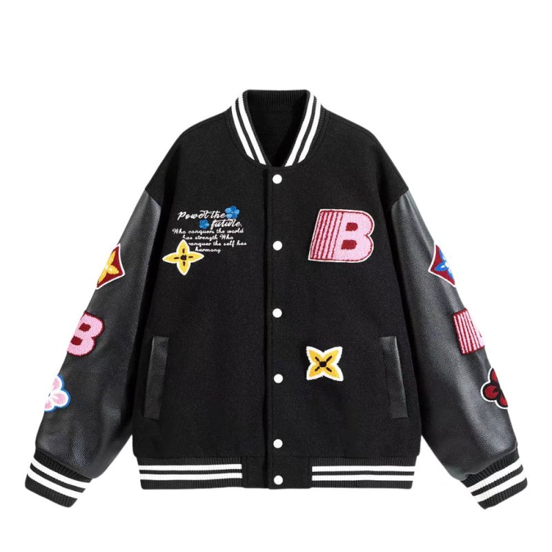画像2: V37 Color Block Flower Embroidery Leather Sleeve Stadium Jacket jacket blouson ユニセックス男女兼用V37カラーブロックフラワー刺繍レザースリーブスタジアムジャンパー スタジャン ジャケットブルゾン (2)