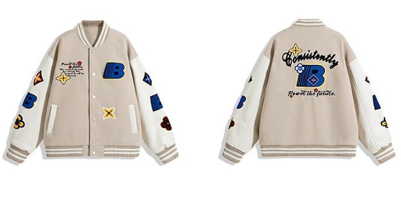 画像1: V37 Color Block Flower Embroidery Leather Sleeve Stadium Jacket jacket blouson ユニセックス男女兼用V37カラーブロックフラワー刺繍レザースリーブスタジアムジャンパー スタジャン ジャケットブルゾン (1)