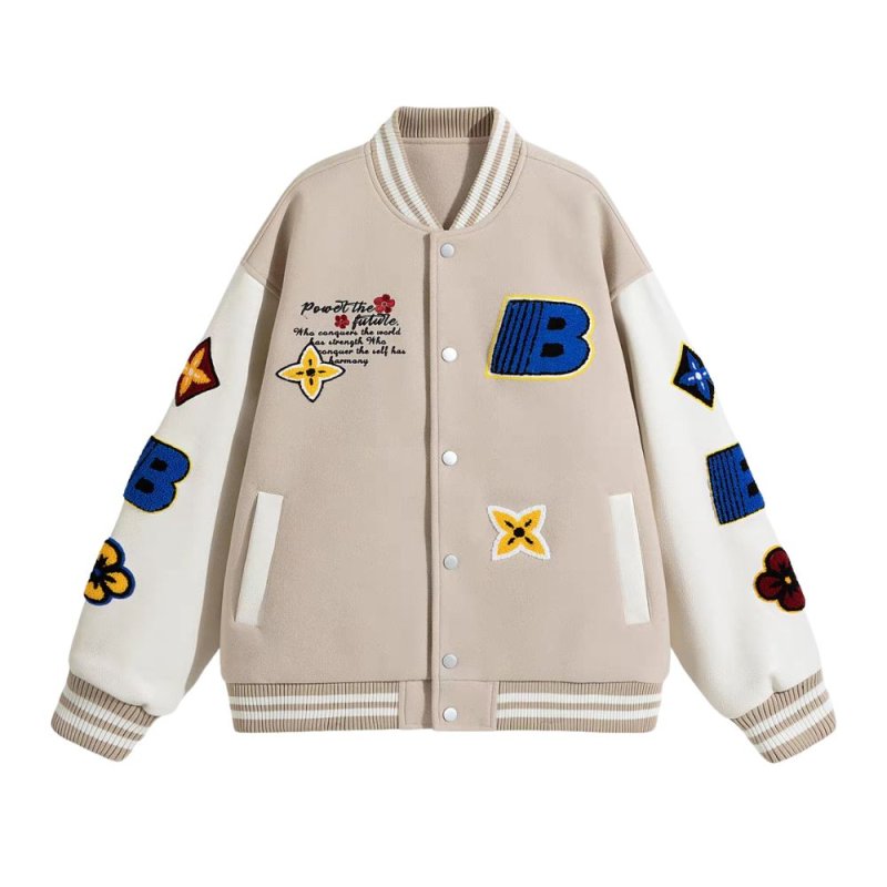 画像4: V37 Color Block Flower Embroidery Leather Sleeve Stadium Jacket jacket blouson ユニセックス男女兼用V37カラーブロックフラワー刺繍レザースリーブスタジアムジャンパー スタジャン ジャケットブルゾン (4)