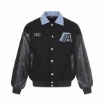 画像1: Checked color sleeveless leather jacket stadium jumper blouson ユニセックス男女兼用 チェック襟レザー袖スタジアムジャンパー スタジャン ジャケットブルゾン (1)