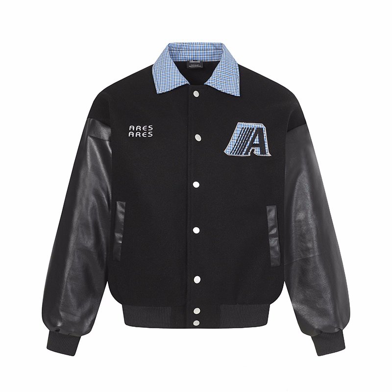 画像1: Checked color sleeveless leather jacket stadium jumper blouson ユニセックス男女兼用 チェック襟レザー袖スタジアムジャンパー スタジャン ジャケットブルゾン (1)