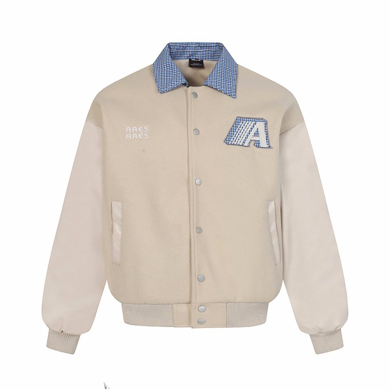 画像2: Checked color sleeveless leather jacket stadium jumper blouson ユニセックス男女兼用 チェック襟レザー袖スタジアムジャンパー スタジャン ジャケットブルゾン (2)