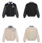 画像3: Checked color sleeveless leather jacket stadium jumper blouson ユニセックス男女兼用 チェック襟レザー袖スタジアムジャンパー スタジャン ジャケットブルゾン (3)