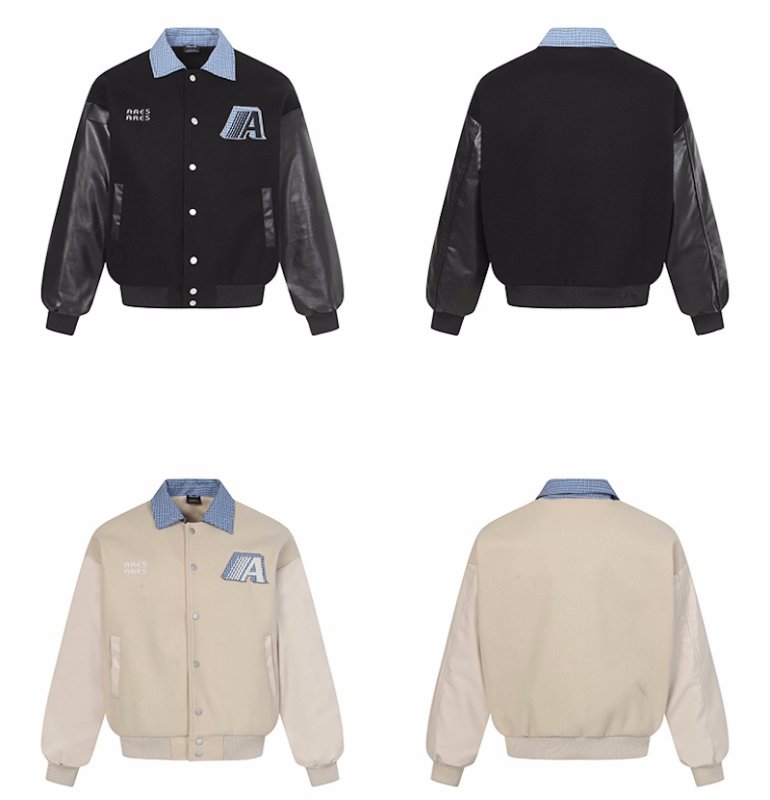 画像3: Checked color sleeveless leather jacket stadium jumper blouson ユニセックス男女兼用 チェック襟レザー袖スタジアムジャンパー スタジャン ジャケットブルゾン (3)