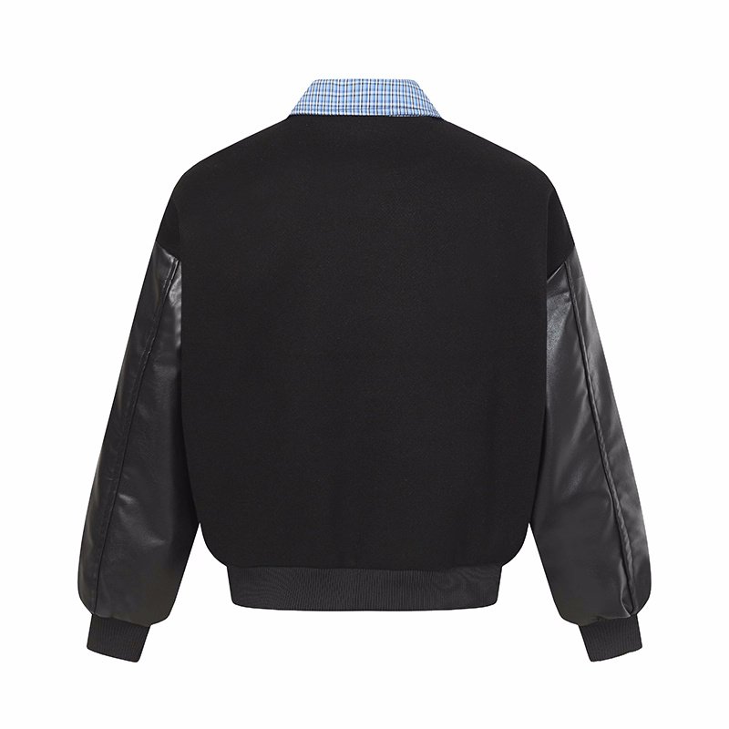 画像5: Checked color sleeveless leather jacket stadium jumper blouson ユニセックス男女兼用 チェック襟レザー袖スタジアムジャンパー スタジャン ジャケットブルゾン (5)